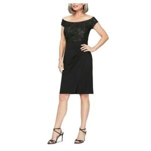 Alex Evenings Sequined Lace Sheath Sparkly Party Cocktail Dress Black Size 8